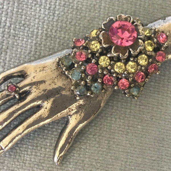 Rare THELMA DEUTSCH Signed Lady’s HAND w/Flower Corsage Ring Pink Crystal Brooch Pin Silver Metal Vintage Designer Runway Couture Statement