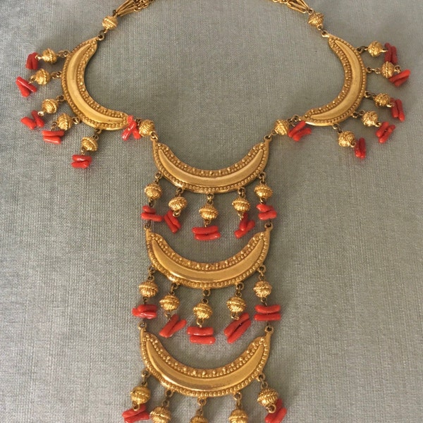 Fabulous KENNETH LANE Couture Signed ETRUSCAN Coral Charm Huge Long Bib Collar Choker Necklace Gold Metal Vintage Designer Runway Statement