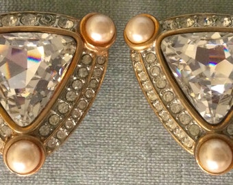 Blinding CRAFT Signed ART DECO Diamanté Glass Cabochon Massive Earrings Pearls Crystals Gold Metal Vintage Designer Runway Couture Modernist