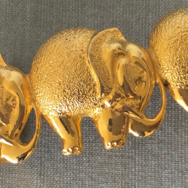 6” Long Massive ACCESSOCRAFT Signed THREE ELEPHANTS Belt Buckle Gold Metal Vintage Designer Runway Couture Animal Huge Good Luck Statement