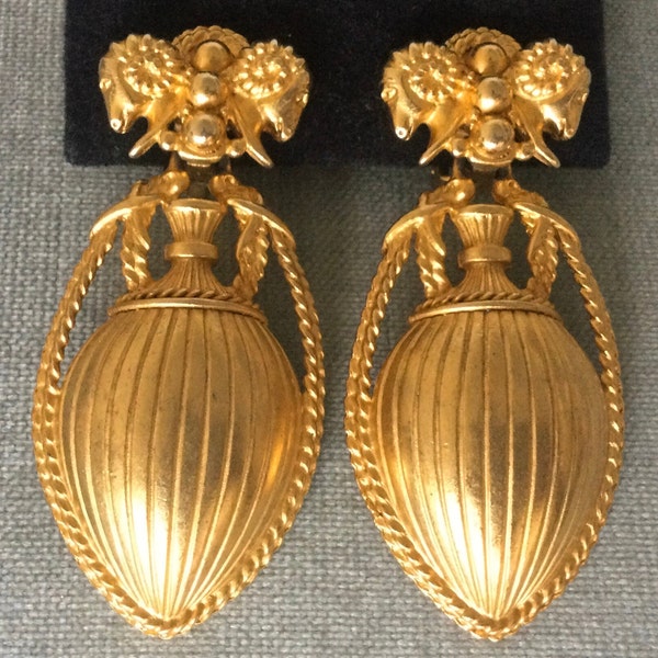 Massive RAM’s HEAD & URN Etruscan Sculptural Doorknocker Drop Dangle Earrings Gold Metal Vintage Designer Runway Couture Byzantine Statement