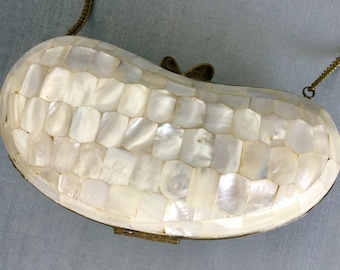 Vintage MOTHER Of PEARL & BRASS One of a Kind Kidney Oval Shell Inlay Clutch Handbag Purse on Chain Artisan Statement Designer White Gold