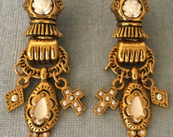 Superb ZOE COSTE France ETRUSCAN Hand Doorknocker Flower Cross Charms Drop Dangle Earrings Pearls Gold Metal Vintage Designer Runway Couture