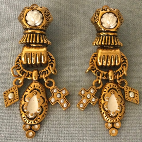 Superb ZOE COSTE France ETRUSCAN Hand Doorknocker Flower Cross Charms Drop Dangle Earrings Pearls Gold Metal Vintage Designer Runway Couture