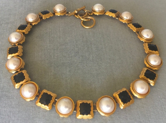 ANNE KLEIN Signed BYZANTINE Pearl & Black Enamel … - image 1