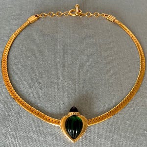 JESARA Signerat GLAS HJÄRTA Charm Kedja Choker Halsband Smaragdgrön Rubinröd Klara Kristaller Guldmetall Vintage Designer Catwalk Couture