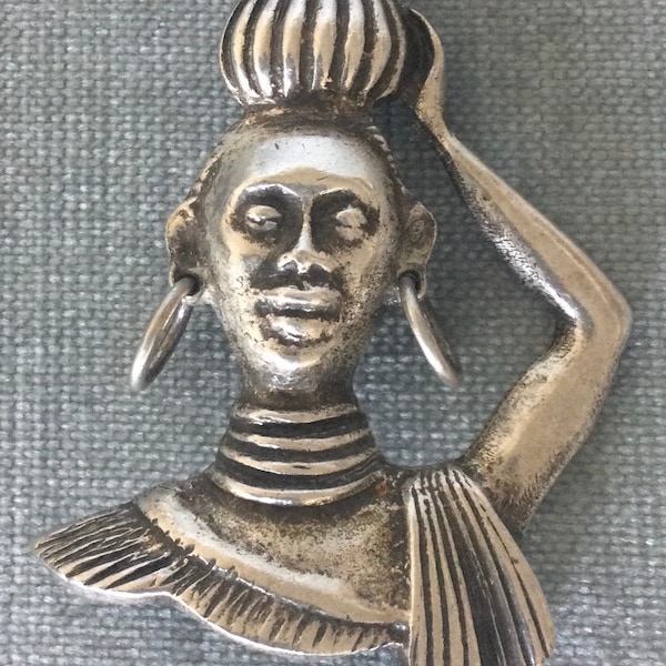 Striking SCOOTER Paris Signed BLACKAMOOR African QUEEN Art Deco Big Brooch Pin w/Hoop Earrings Silver Metal Vintage Designer Runway Couture