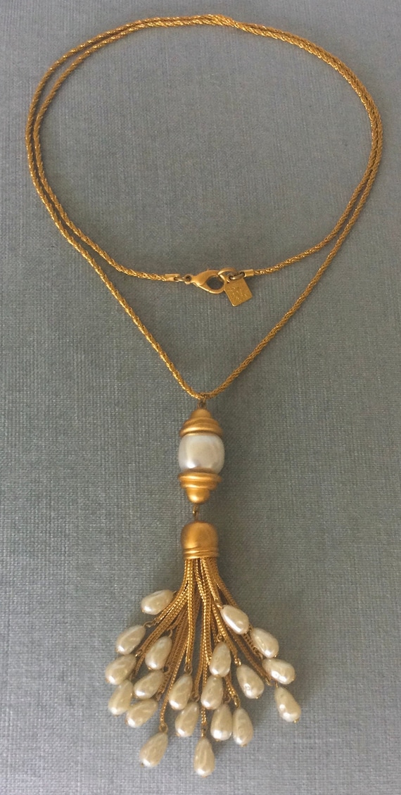 Chic ANNE KLEIN Signed Pearl TASSEL 4 5/8” Pendan… - image 3