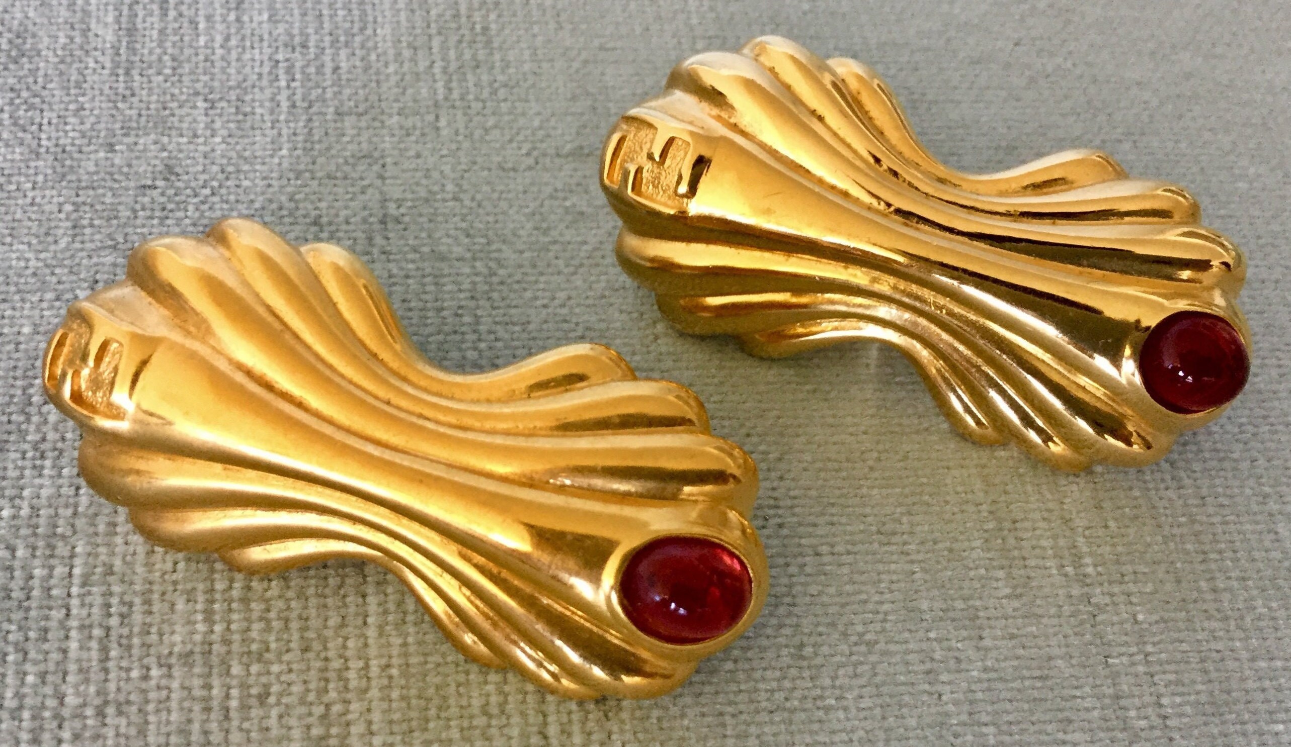 Iconic OVERSIZED FENDI Signed Ruby Red Gripoix Glass CABOCHON Logo