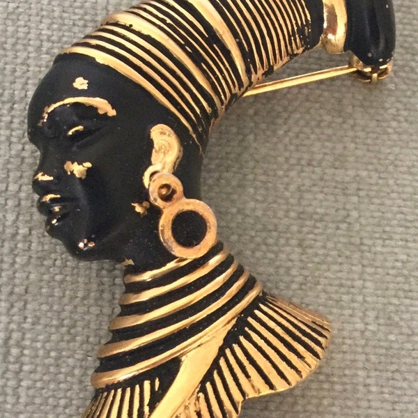 Most Gorgeous BLACKAMOOR African NUBIAN Princess QUEEN Art Deco Brooch Pin Black Enamel Gold Metal Vintage Designer Runway Couture Statement