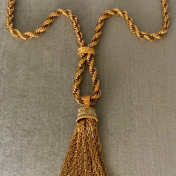 Massive D’ORLAN Signed 6” Long JEWELED TASSEL Byzantine Etruscan Revival Gold Metal Pendant Chain Necklace Vintage Designer Runway Couture