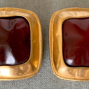Massive ANNE KLEIN Couture Ruby RED Lucite Cabochon 1 7/8” Chiclet Drop Earrings Gold Metal Vintage Designer Runway Statement