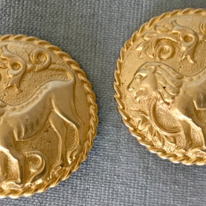 Byzantine LES BERNARD Rampant LION Massive 1 3/4 Round Shield Earrings Gold Metal Vintage Designer Runway Couture Art Deco Ornate Statement image 3