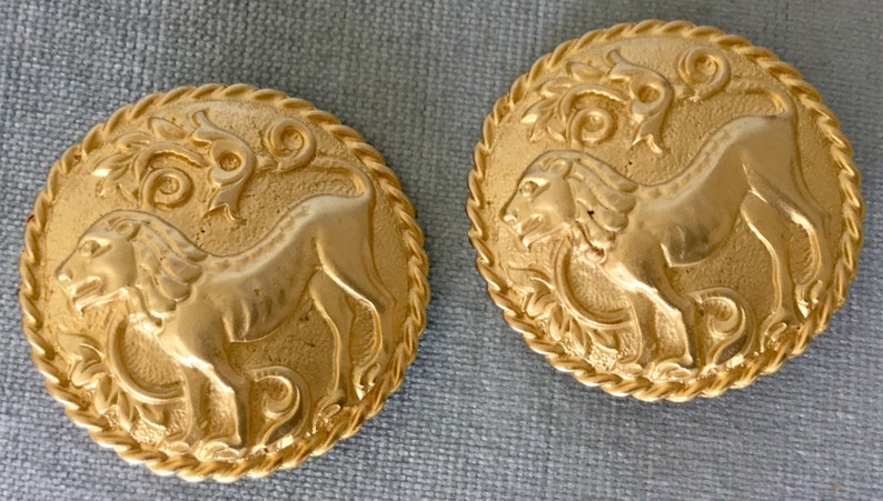 Byzantine LES BERNARD Rampant LION Massive 1 3/4 Round Shield Earrings Gold Metal Vintage Designer Runway Couture Art Deco Ornate Statement image 3