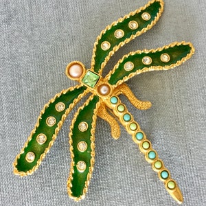 Massive YOSCA Signed ENAMELED DRAGONFLY Pearls Glass Moghul Crystal Rhinestone Brooch Pin Gold Metal Vintage Designer Runway Couture Insect