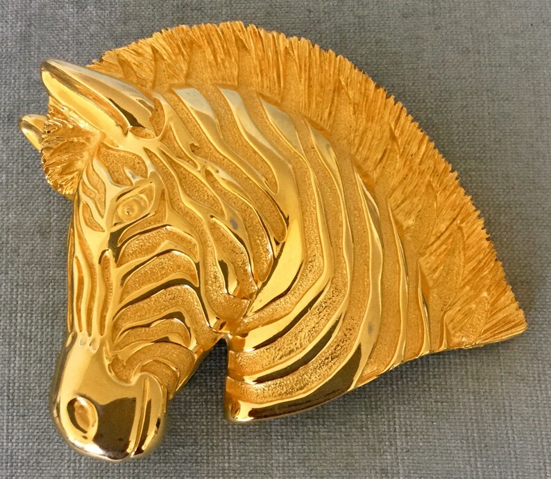 Massive Douglas PAQUETTE Signed ZEBRA\u2019s HEAD Gold Metal Oversized Belt Buckle Vintage Designer Runway Couture Animal Statement Large Figural