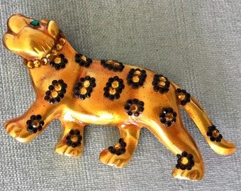 Enorme ARTESANÍA firmada ENAMELED LEOPARD topacio negro y esmeralda Diamanté Swarovski Rhinestone broche pin oro metal vintage diseñador pasarela alta costura