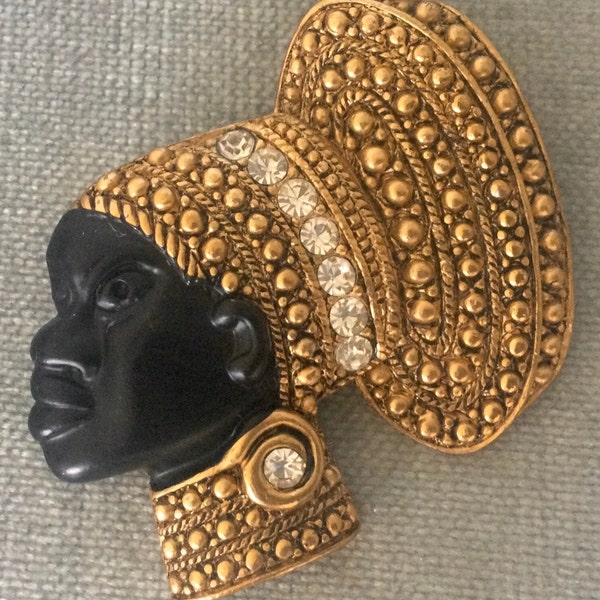 Striking Black ENAMELED BLACKAMOOR African Nubian QUEEN Art Deco Brooch Pin w/Diamanté Crystals Gold Metal Vintage Designer Runway Couture