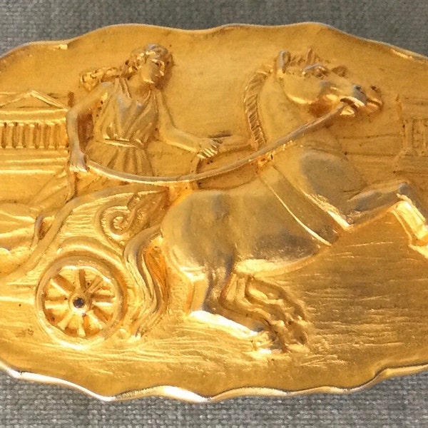 Rare DOREEN RYAN Signed ROMAN Revival Gladiator on Horse Chariot Plaque Belt Buckle Gold Metal Vintage Designer Runway Couture Big Statement