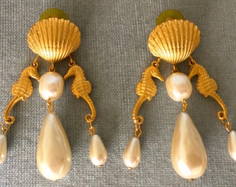 Superb CRAFT Big SEASHELL SEAHORSE Pearls Drop Dangle Charms Post Pierced Earrings Gold Metal Vintage Designer Runway Couture Statement