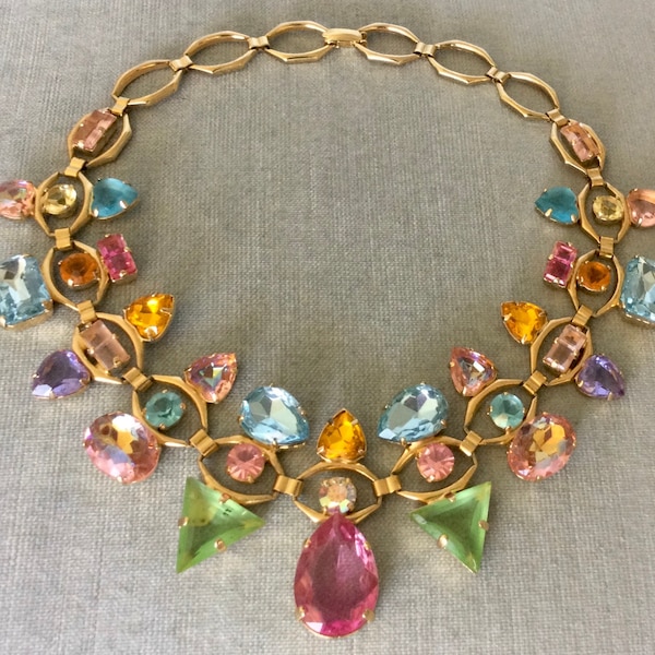 Avant Garde ZOE COSTE France Signed CANDY Multicolor Glass Choker Collar Bib Necklace Gold Metal Vintage Designer Runway Couture Love Hearts