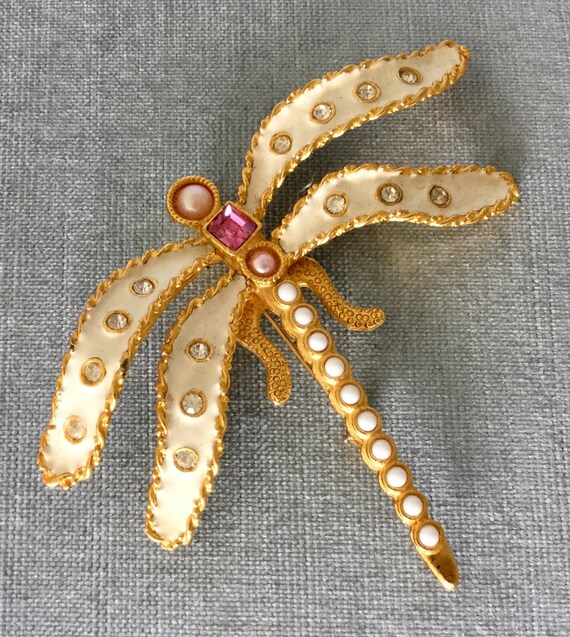 Massive YOSCA Signed ENAMELED DRAGONFLY Pearls Gl… - image 2