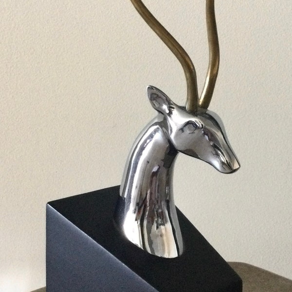 HOLLYWOOD REGENCY 12” Tall GAZELLE Mid Century Modern Sculpture Bookend Brass Chrome Antelope Impala Head Vintage Art Deco Figure Statue