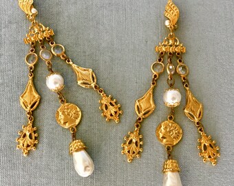 SPHINX Signed 6" Long BAROQUE Pearl Coin CHARM Crystal Shoulder-duster Chandelier Earrings Gold Metal Vintage Rare Couture Runway Statement