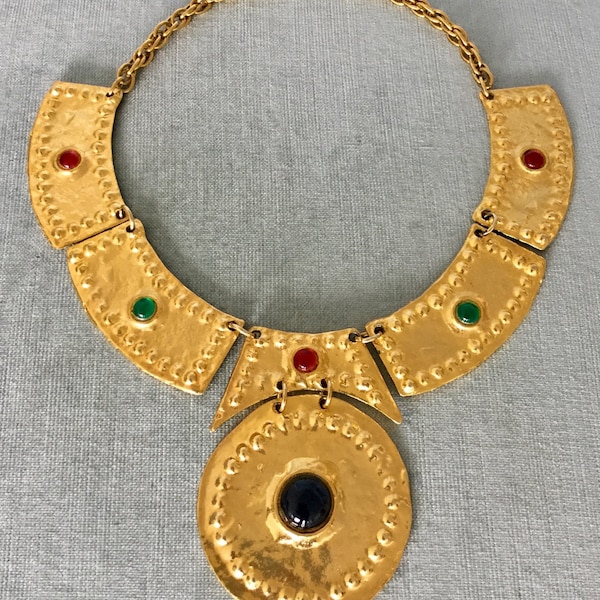 Rarest ALEXIS KIRK Signed EGYPTIAN Multicolor Glass Cabochon Jeweled Bib Collar Choker Necklace Gold Metal Vintage Designer Runway Couture