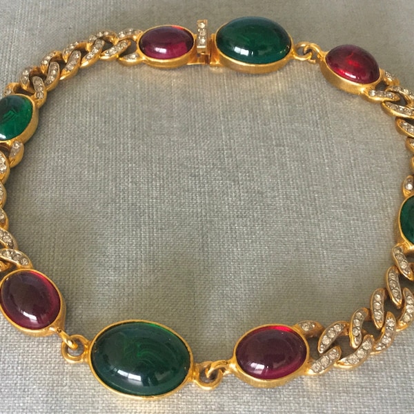 Rarest KJL Signed Gripoix GLASS JEWELED Emerald Ruby Chunky Link Collar Choker Necklace Crystals Gold Metal Vintage Designer Runway Couture