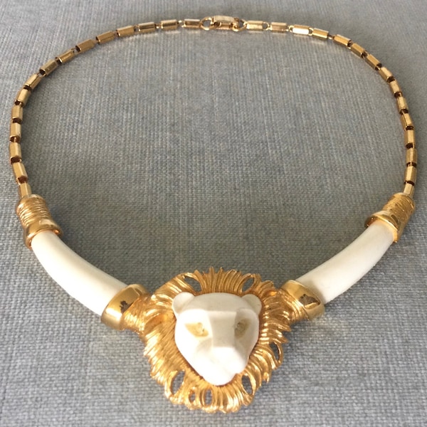 HATTIE CARNEGIE Style LION’S Head Art Deco Choker Necklace White Lucite Crystals Gold Metal Vintage Designer Runway Couture Animal Statement