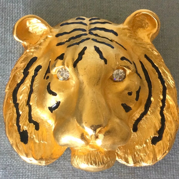 Striking DOREEN RYAN Signed TIGER’s Head Black Enamel Clear Crystal Eyes Belt Buckle Gold Metal Vintage Runway Couture Designer Cat Animal