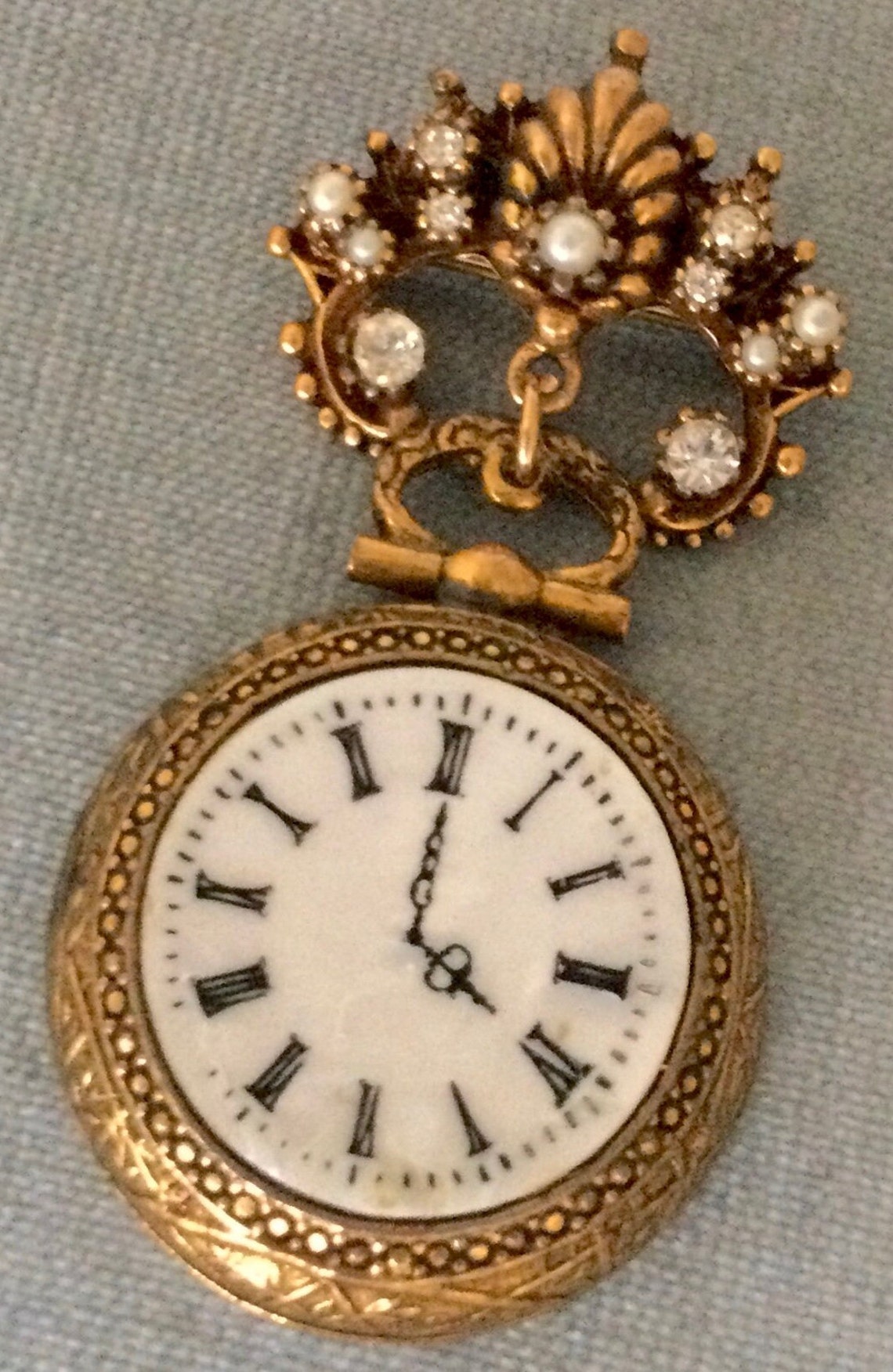 Massive ART Signed VICTORIAN WATCH Brooch Pin Mother of Pearl Crystals ...