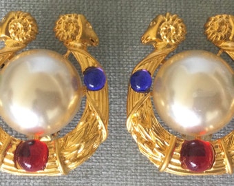 Superb JEWELED RAMS w/PEARL Multicolor Emerald Ruby Sapphire Cabochons Art Deco Earrings Crystal Gold Metal Vintage Designer Couture Runway