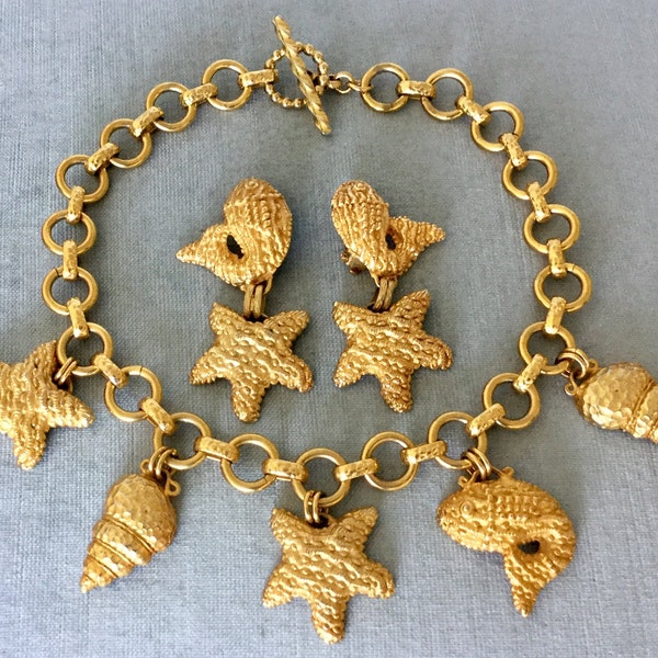 Amazing DOMINIQUE AURIENTIS Paris Signed Charm Seashell Fish Collar Chain Necklace & Earrings Set Gold Metal Vintage Designer Runway Couture