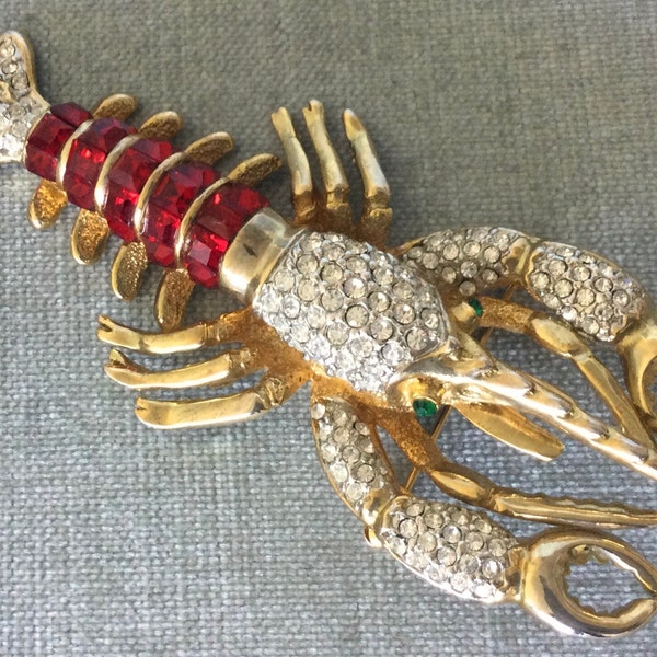 Vibrant 4" Long JEWELED SHRIMP SCULPTURAL Lobster Glass Ruby Red Clear Crystal Brooch Pin Gold Metal Vintage Designer Runway Couture Animal