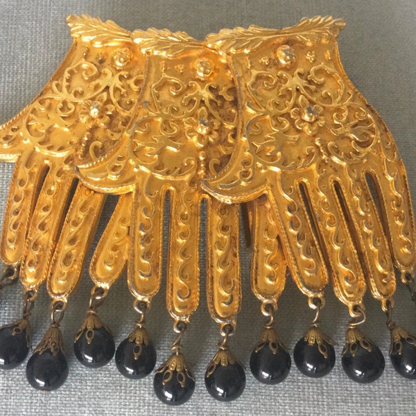 Massive ORIGINAL By ROBERT Signed Gloved HANDS Black Bead Charms Belt Buckle Gold Metal Vintage Designer Runway Couture Victorian Statement