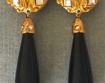 4 1/4” Long CRAFT Signed BAROQUE Black TEARDROP Clear Crystal Cabochons Massive Dangle Earrings Gold Metal Vintage Designer Runway Couture