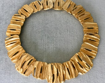 Glam LES BERNARD Signed MODERNIST Brutalist Cut-out Links Collar Choker Necklace Gold Metal Vintage Designer Runway Couture Big Statement