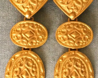 Massive LES BERNARD Signed ETRUSCAN Doorknocker Drop Dangle Clip-on Earrings Gold Metal Vintage Designer Runway Couture Byzantine Statement