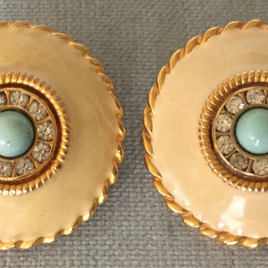 Gorgeous YOSCA Signed MOGHUL White Enamel TURQUOISE Cabochon Huge Domed Round Earrings Crystals Gold Metal Clip Vintage Designer Couture
