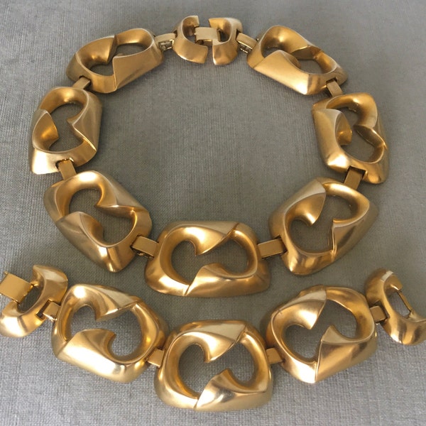 Superb LES BERNARD Signed PUZZLE Piece Link Chunky Collar Choker Necklace Bracelet Set Gold Metal Vintage Designer Runway Couture Modernist