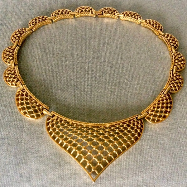 Superb D’ORLAN Signed LACE FILIGREE Art Deco Collar Choker Bib Necklace Gold Metal Vintage Designer Runway Couture Big Statement Byzantine