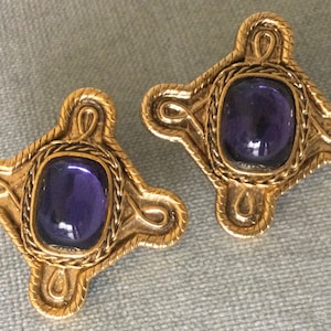 Byzantine CRAFT Signed MALTESE CROSS Earrings Amethyst Purple Lucite Cabochon Gold Metal Vintage Designer Runway Couture Etruscan Statement