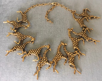 Sculptural Judith WORACEK MULLEN Signed Galloping GIRAFFES Collar Choker Necklace Gold Metal Vintage Designer Couture Runway Figural Animal