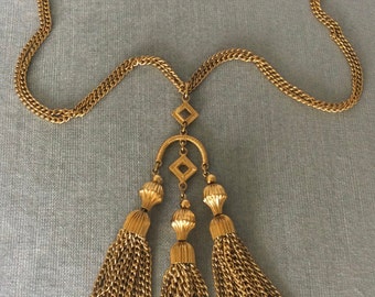 Fabulous TRIFARI Signed TRIPLE Multichain TASSEL 5 1/2” Long Pendant on Double Chain Necklace Gold Metal Vintage Designer Couture Statement