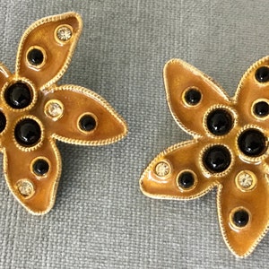 Gorgeous YOSCA Signed ENAMELED FLOWER Black Cabochons Drop Earrings Crystals Gold Metal Vintage Designer Couture Runway Big Floral Statement