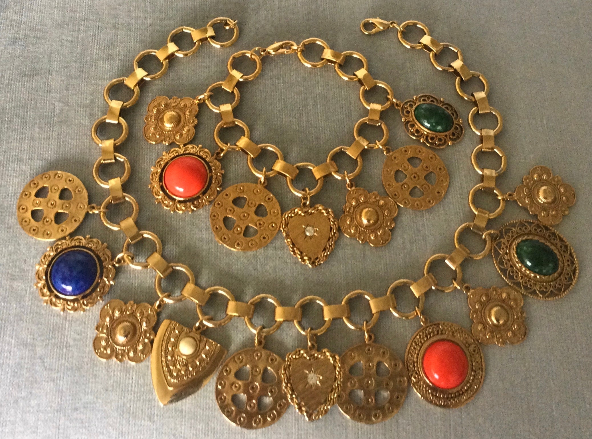 Victorian TONS of CHARMS Collar Chain Necklace & Bracelet SET Multicolor Cabochons Gold Metal Vintage Designer Runway Couture Big Statement