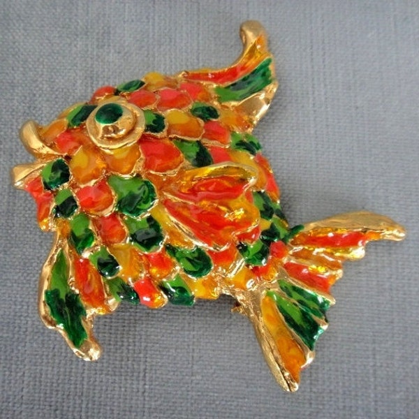 Colorful MIMI Di N Signed ENAMELED GOLDFISH Koi Pendant & Brooch Pin Gold Metal Vintage Designer Runway Couture Animal Fish Big Statement