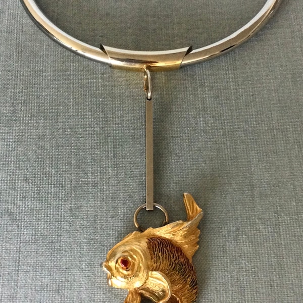 Avant-garde BIJOUX CASCIO Signed KOI Enameled Fish Huge Pendant Stiff Choker Necklace Silver Gold Metal Vintage Modernist Designer Couture